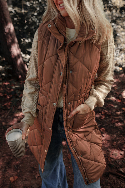 Women's Coffee Longline Quilted Puffer Vest with Stand Collar - Stylish and Warm Outerwear for Fall and Winter