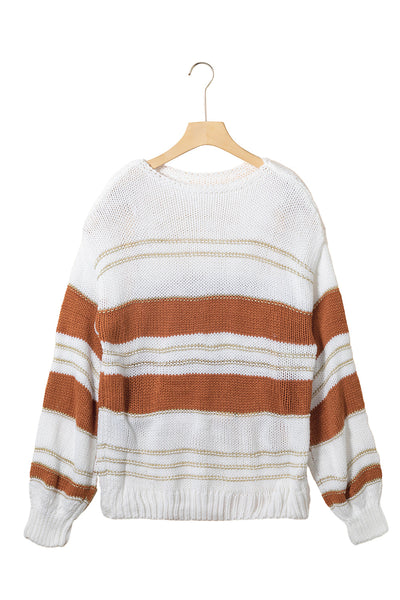 White Oversized Striped Knit Sweater with Puff Sleeves
