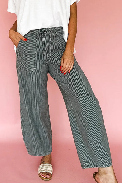 Women's Casual Black Stripe Ankle-Length Pants with Drawstring Waist for Effortless Everyday Comfort and Style