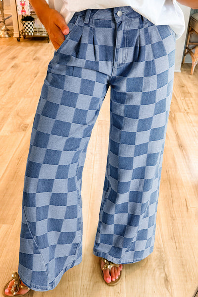 Dusk Blue Checkered Wide Leg Denim Jeans for Women - Stylish, Comfortable Fit for Casual and Chic Looks