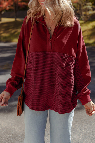 Cozy Women's Red Dahlia Waffle Knit Half-Zip Sweatshirt with Patchwork Design for Casual Everyday Wear