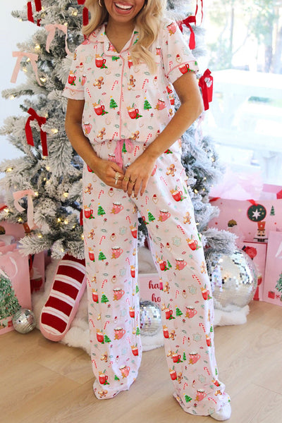 Cozy Pink Christmas Pajama Set for Women - Cute Short Sleeve Top & Pants, Festive Holiday Sleepwear for Ultimate Comfort