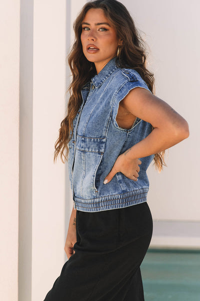 Trendy Women's Blue Acid Wash Denim Vest with Elastic Hem & Button Closure - Stylish Casual Layering Essential