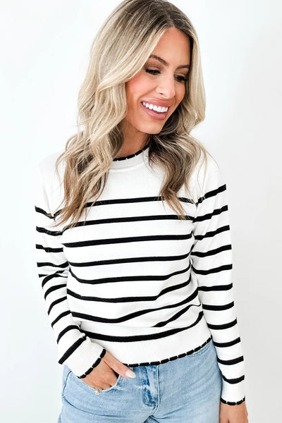 Cozy Women's White Striped Ribbed Knit Sweater with Contrast Trim, Round Neck, Ideal for Layering and Stylish Outfits