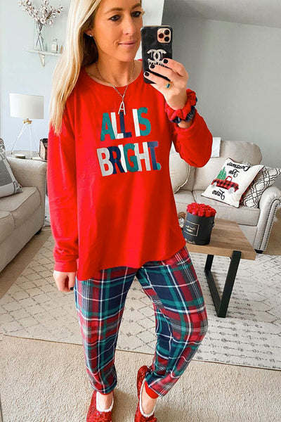 Festive Women's Multicolor Plaid Pajama Set with Graphic Design - Cozy and Comfortable Christmas Sleepwear
