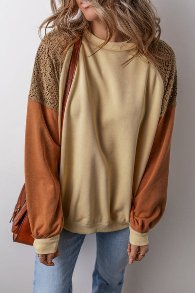 Trendy Women's Khaki Colorblock Sweatshirt with Lace Patchwork Drop Shoulder Style for Ultimate Comfort and Fashion