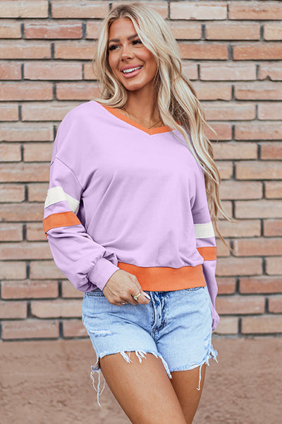 Orchid Bouquet Women's Cozy V-Neck Sweatshirt - Contrast Rib Knit, Drop Shoulder, Effortlessly Chic Patchwork Style