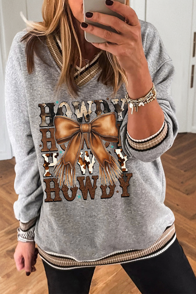 Women's Howdy Western Graphic V-Neck Sweatshirt with Fringed Bow