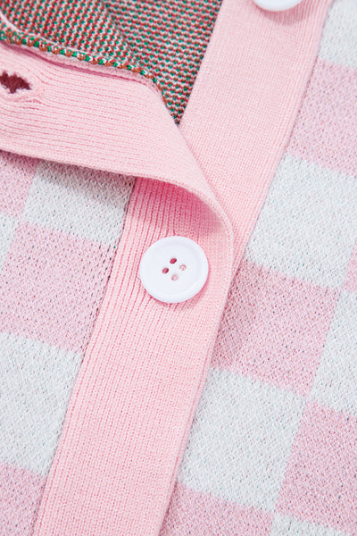 Cozy Women's Pink Checkered V-Neck Cardigan Sweater for Festive Holiday Outfits and Christmas Cheer
