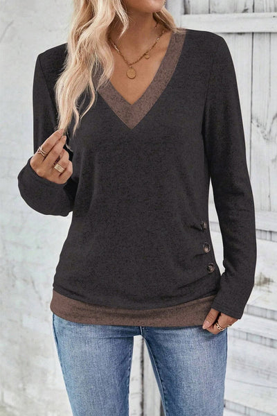 Women's Chicory Coffee V-Neck Color Block Top with Button Detail