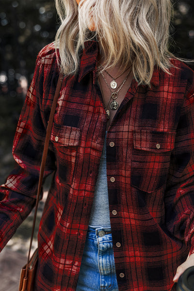 Cozy Women's Red Retro Plaid Shacket with Double Flap Pockets - Perfect Layering Piece for a Chic Fall Look
