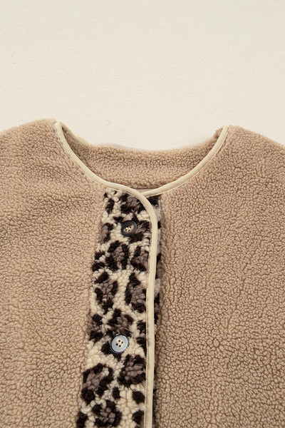 Women's Leopard Accent Camel Sherpa Jacket with Patch Pockets