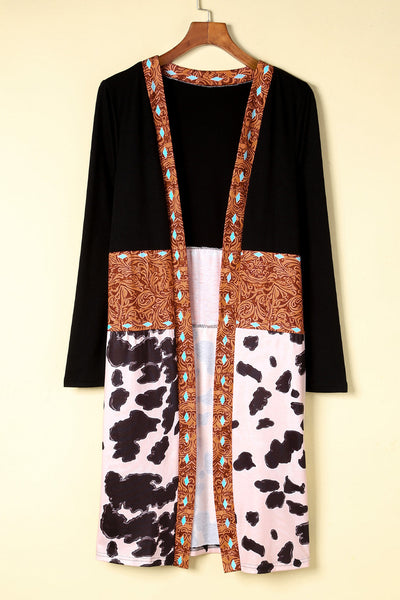 Chic Women's Black Cow Print Patchwork Cardigan - Cozy Open Front Layer for Trendy Western Style Outfits