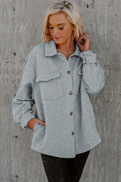 Women's Gray Retro Quilted Shacket with Pockets - Trendy Button-Up Jacket for Chic Layered Style and Comfort made for easy styling and wardrobe