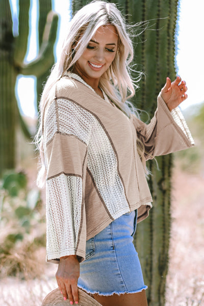 Women's High-Low Loose Top in Parchment with Crochet Detail and Exposed Seams for Effortless Style and Comfort
