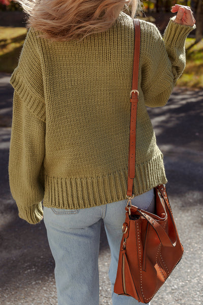 Cozy Guacamole Green Ruffled Sweater for Women - Relaxed Fit Chunky Knit for Effortless Style and Comfort