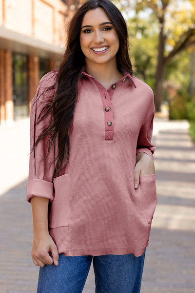 Women's Relaxed Fit Pink Waffle Knit Long Sleeve Collared Top - Stylish Half Button Design for Casual Comfort