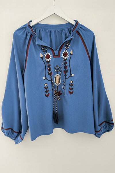 "Chic Women's Real Teal Floral Embroidered Blouse with Split Neck, Tassel Tie & Puff Sleeves for Effortless Style"