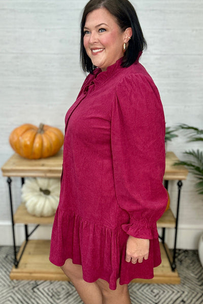 Plus Size Women's Pitaya Pink Frilled V-Neck Long Sleeve Mini Dress - Chic, Comfortable Style for Any Occasion