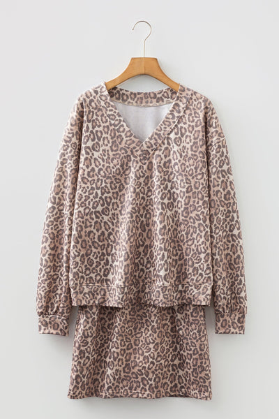 Women's Light French Beige Leopard V-Neck Pullover and Mini Skirt Set with practical styling and dependable silhouette control.