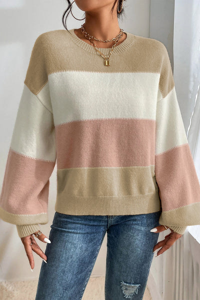 Cozy Dusty Pink Color Block Sweater for Women with Lantern Sleeves & Drop Shoulders - Chic Knitwear for Any Occasion