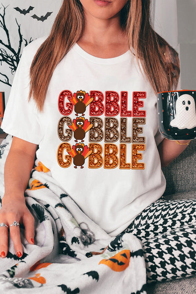 Women's Festive Turkey 'Gobble' Graphic Tee in White Cotton Blend