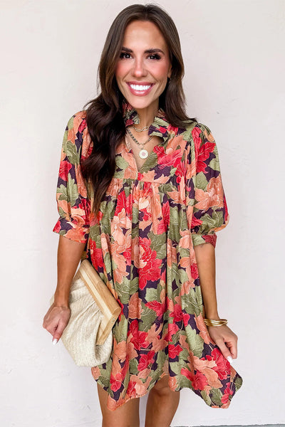 Women's Ruffled V-Neck Floral Babydoll Dress in Sage and Terracotta