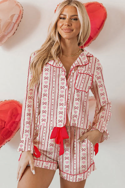 Romantic Women's Red Heart Print Pajama Set with Bow Detail - Cozy 2-Piece Sleepwear for Sweet Dreams