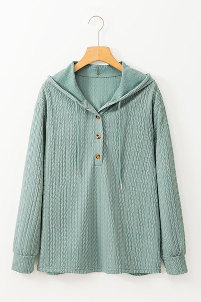 Mint Green Long Sleeve Hooded Top for Women with Textured Fabric, Button Front & Adjustable Drawstring for Comfort