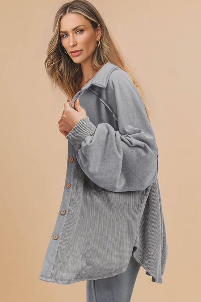 Women's Grey Mixed-Texture Waffle Knit Shacket with Exposed Seams