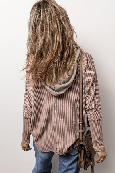 Casual Women's Dark Brown Patchwork Hoodie with Flap Pockets & Adjustable Drawstring for Everyday Comfort