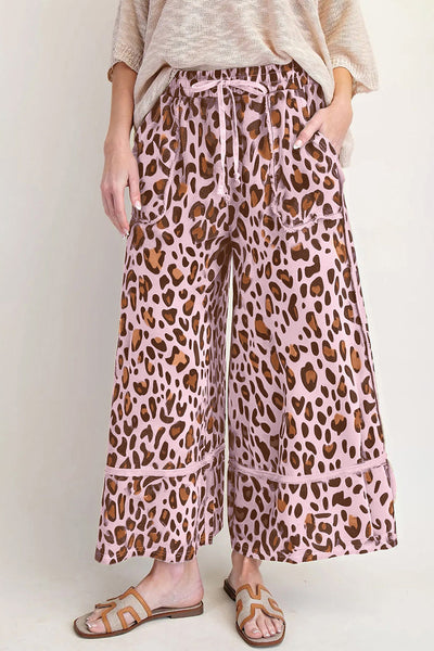 Women's Pink Leopard Print Wide-Leg Cropped Pants