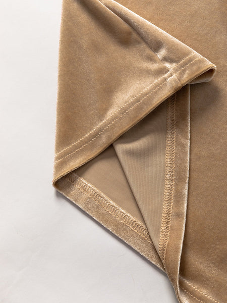 Romantic French Beige Ruffled Puff Sleeve Mock Neck Velvet Blouse