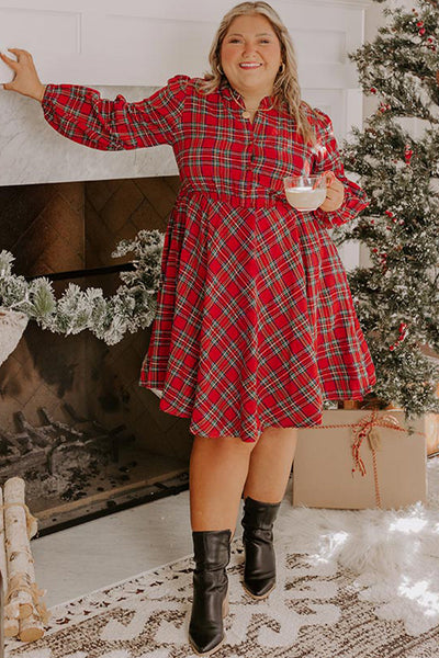 Plus Size Women's Elegant Red Plaid Long Sleeve Holiday Dress with Half Button Detail for Festive Seasonal Style