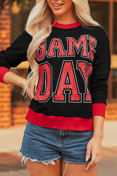 Women's Black Baggy Varsity Sweatshirt with GAME DAY Graphic Trendy Comfort for Fashionable Athleisure Looks