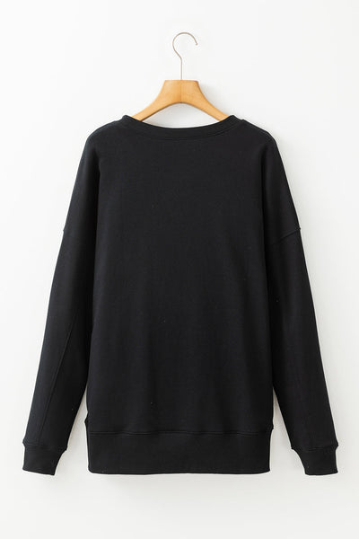 Women's Black Crisscross Stitch Sweatshirt with Pockets - Relaxed Fit for Cozy Casual Style