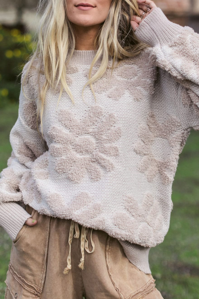 Cozy Women's Khaki Drop Shoulder Sweater with Plush Floral Design for Effortless Style and Comfort made for easy styling and wardrobe coordination,