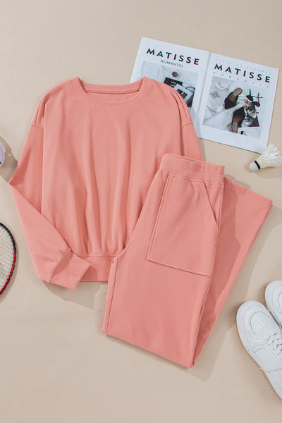 Stylish Women's Blossom Ribbed Knit Lounge Set with Drop Shoulders, Pockets, and Soft, Comfortable Fabric for Relaxation