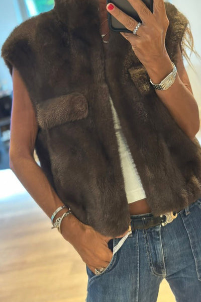 women's cozy faux fur zip-up winter vest in chicory coffee - stylish stand collar design for cold weather comfort with practical styling and