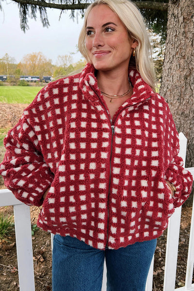 Cozy Women's Red Plaid Zip-Up Winter Coat - Plush Fabric for Warmth & Stylish Cold Weather Comfort