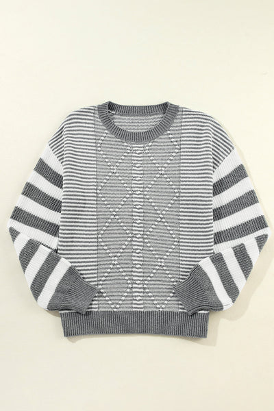 Cozy Women's Gray Striped Drop Shoulder Sweater with Geometric Texture for Effortless Casual Style
