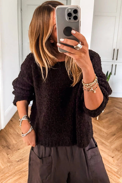 Chic Women's Black Fuzzy Knit Sweater with Round Neck & Drop Shoulders for Effortless Relaxed Style