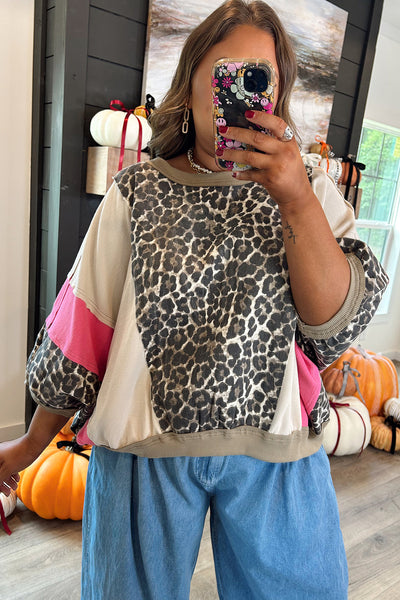 Stylish Women's Brown Leopard Print Color Block Top with 3/4 Sleeves - Trendy Loose Fit Casual Shirt for Everyday Wear made for easy styling and