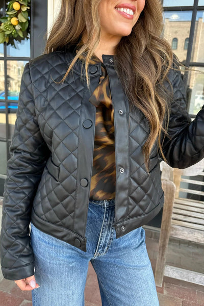 Stylish Women's Black Quilted Faux Leather Winter Jacket with Snap Buttons - Cozy Outerwear for Cold Weather Fashion