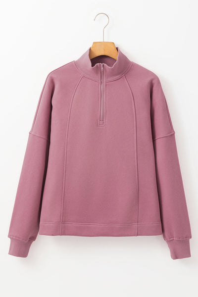 Cozy Fuchsia Women's Drop Shoulder Sweatshirt with Zipped Neck - Casual Everyday Style for Effortless Comfort