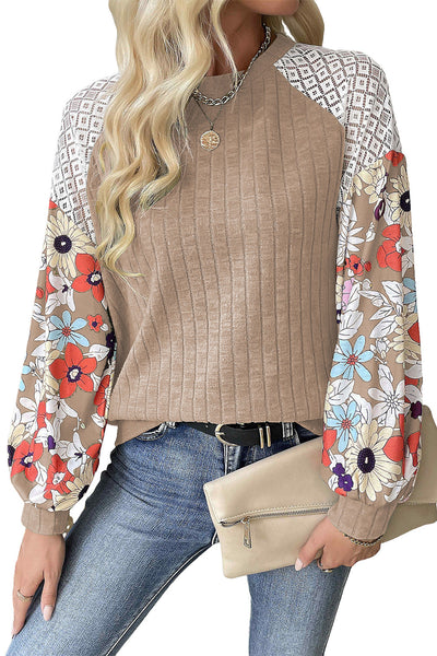 Women's Floral Patchwork Ribbed Blouse - Parchment Long Sleeve Top for Stylish Comfort in Everyday Wear