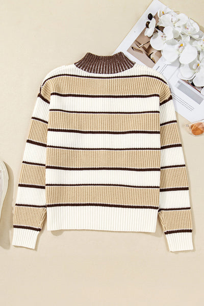 Women's Khaki Stripe Half-Zip Sweater with Drop Shoulder