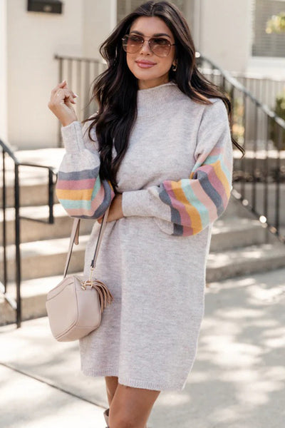 Women's Light Grey Striped Puff Sleeve High Neck Mini Sweater Dress - Cozy Casual Chic for Effortless Style