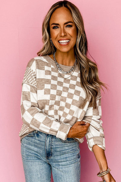 Cozy Women's Khaki Checkered Drop Shoulder Sweater - Casual Chic Round Neck Pullover for Effortless Style