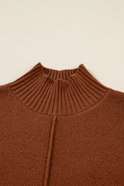 Women's Cozy Chestnut Ribbed High Neck Shift Dress with Pockets - Perfect Fall Fashion for Effortless Style